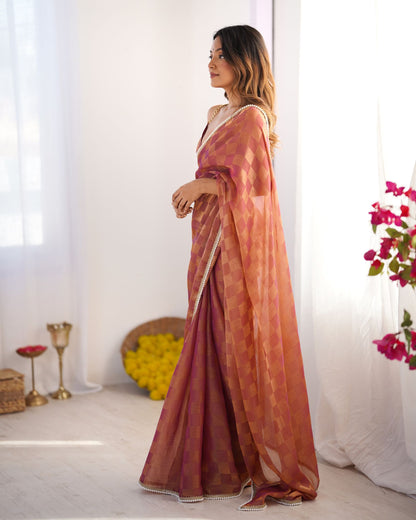 Rust NC Chiffon Chex Saree: Wevon Chex Design with Moti Lace Border