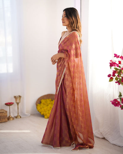 Rust NC Chiffon Chex Saree: Wevon Chex Design with Moti Lace Border