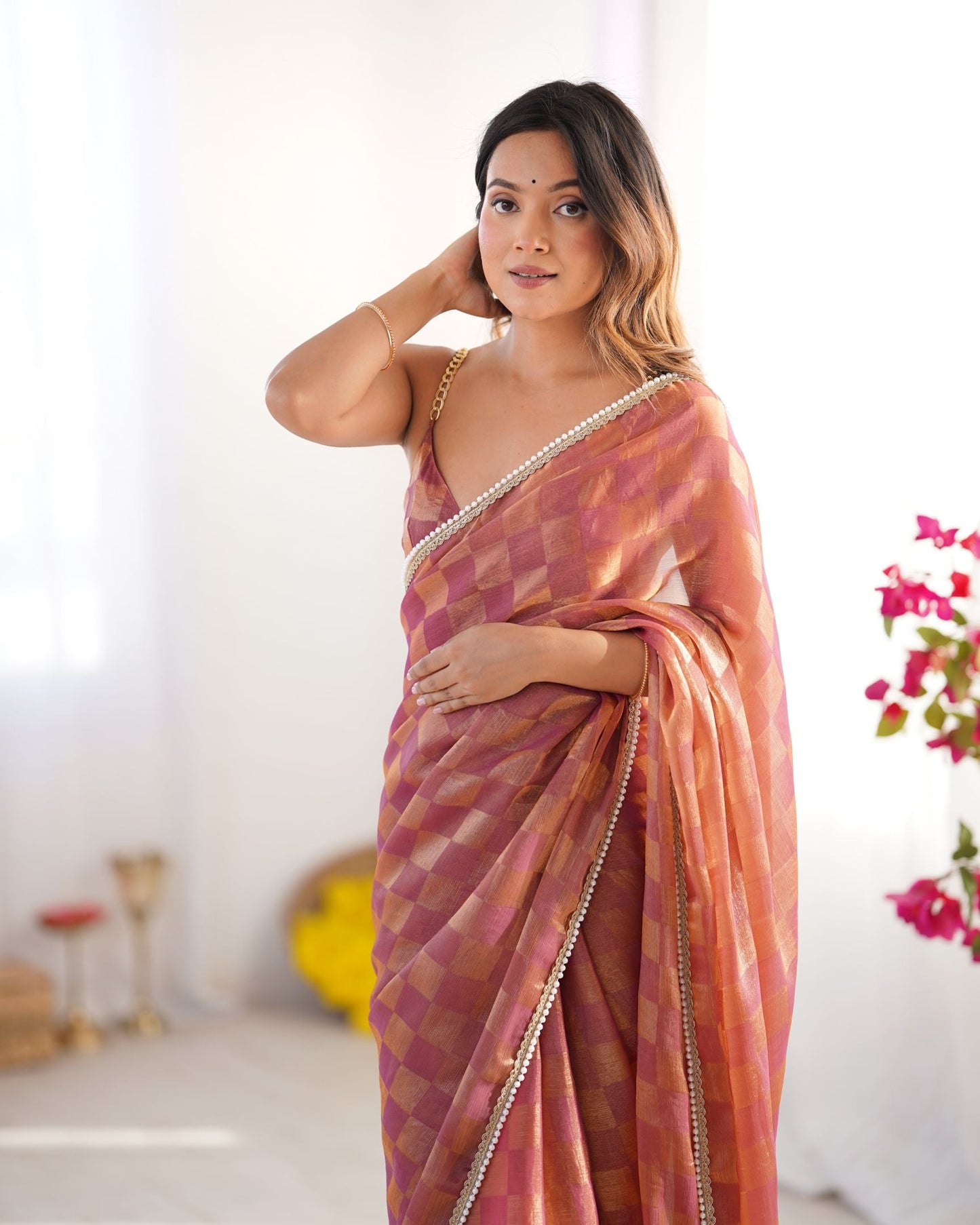 Rust NC Chiffon Chex Saree: Wevon Chex Design with Moti Lace Border