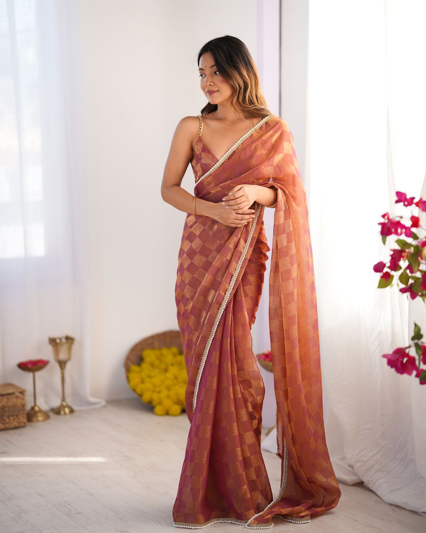 Rust NC Chiffon Chex Saree: Wevon Chex Design with Moti Lace Border