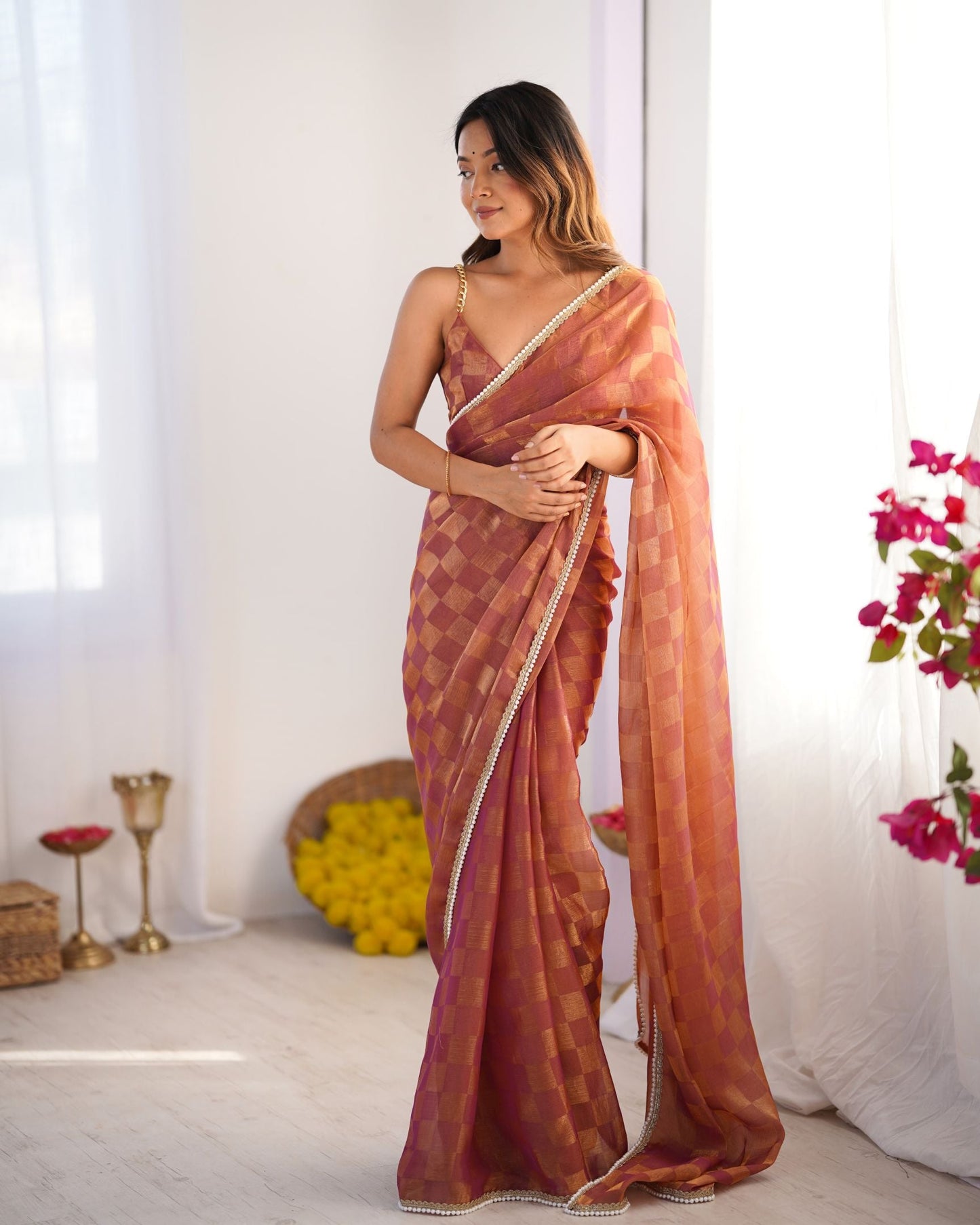 Rust NC Chiffon Chex Saree: Wevon Chex Design with Moti Lace Border