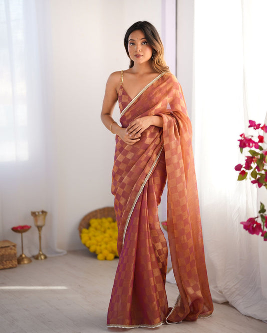 Rust NC Chiffon Chex Saree: Wevon Chex Design with Moti Lace Border