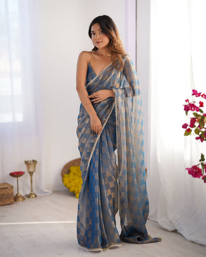 Blue NC Chiffon Chex Saree: Wevon Chex Design with Moti Lace Border
