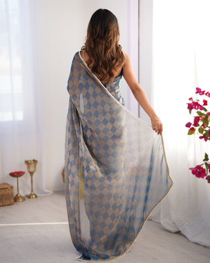 Blue NC Chiffon Chex Saree: Wevon Chex Design with Moti Lace Border