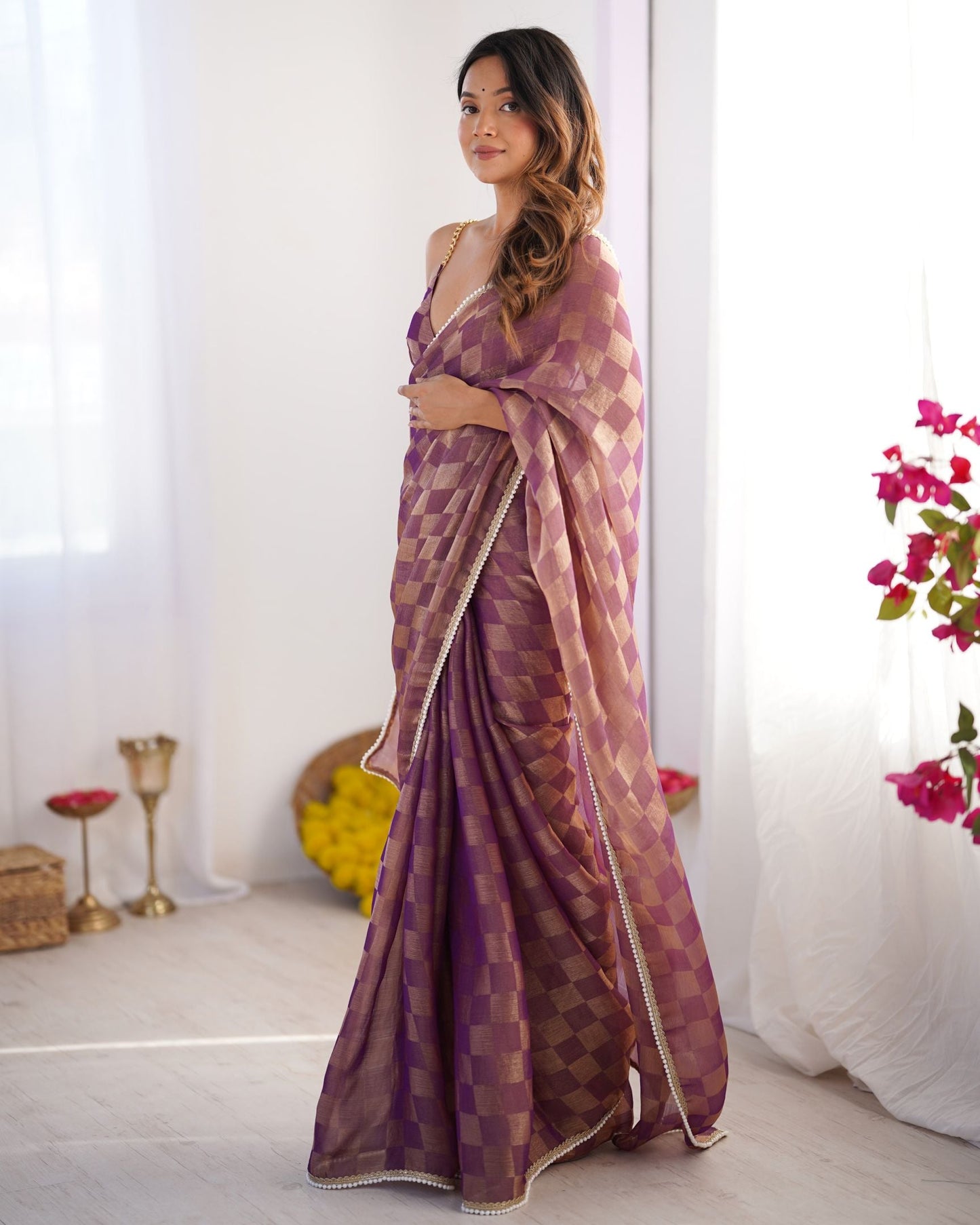 Regal Purple NC Chiffon Chex Saree: Wevon Chex Design with Moti Lace Border