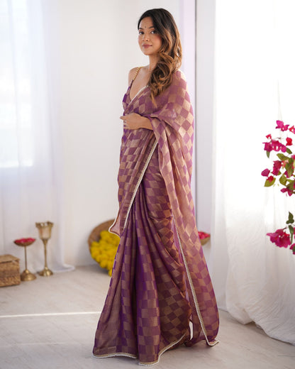 Regal Purple NC Chiffon Chex Saree: Wevon Chex Design with Moti Lace Border