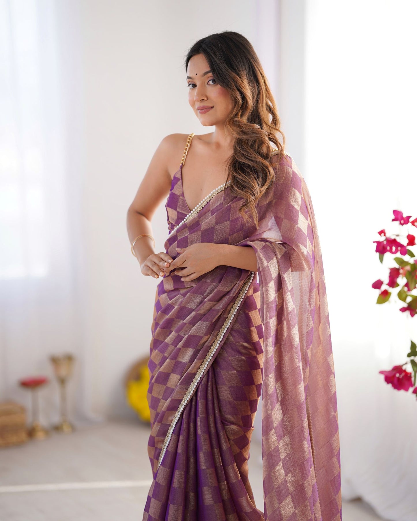 Regal Purple NC Chiffon Chex Saree: Wevon Chex Design with Moti Lace Border