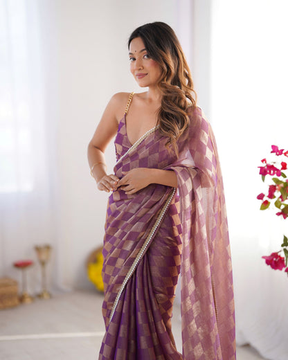 Regal Purple NC Chiffon Chex Saree: Wevon Chex Design with Moti Lace Border