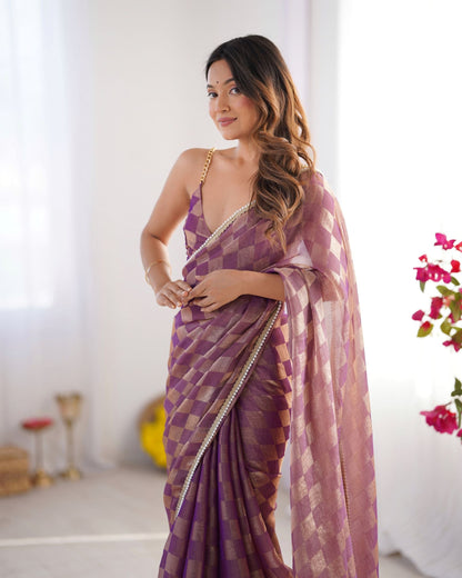 Regal Purple NC Chiffon Chex Saree: Wevon Chex Design with Moti Lace Border