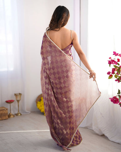 Regal Purple NC Chiffon Chex Saree: Wevon Chex Design with Moti Lace Border