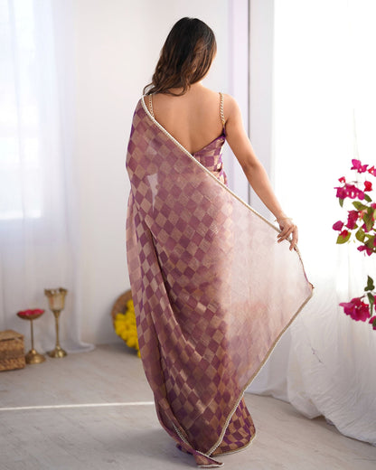 Regal Purple NC Chiffon Chex Saree: Wevon Chex Design with Moti Lace Border