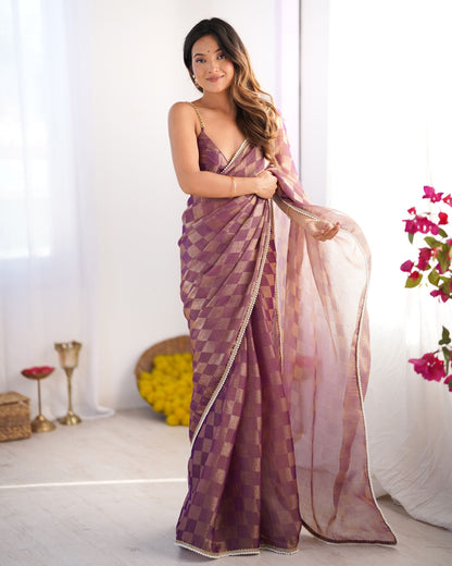 Regal Purple NC Chiffon Chex Saree: Wevon Chex Design with Moti Lace Border