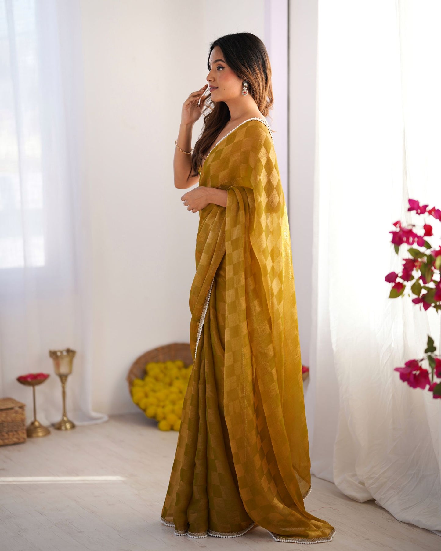 Vibrant Mustard NC Chiffon Chex Saree: Wevon Chex Design with Moti Lace Border