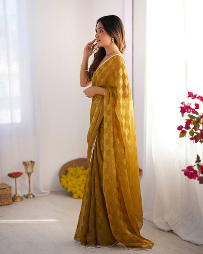 Vibrant Mustard NC Chiffon Chex Saree: Wevon Chex Design with Moti Lace Border