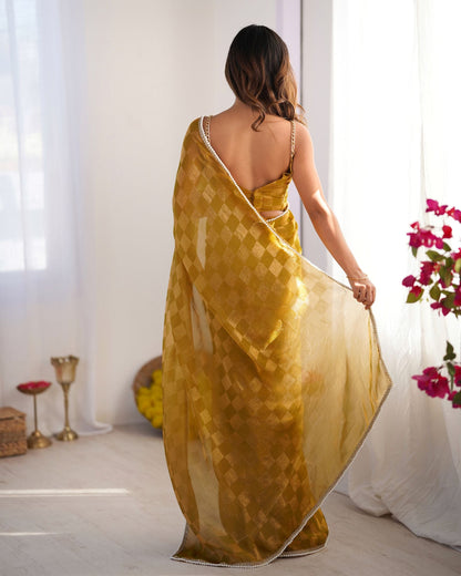Vibrant Mustard NC Chiffon Chex Saree: Wevon Chex Design with Moti Lace Border