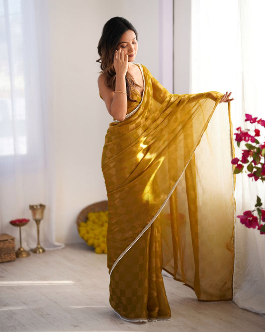 Vibrant Mustard NC Chiffon Chex Saree: Wevon Chex Design with Moti Lace Border