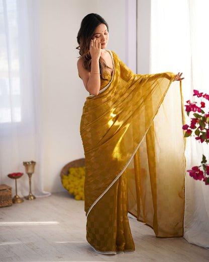 Vibrant Mustard NC Chiffon Chex Saree: Wevon Chex Design with Moti Lace Border