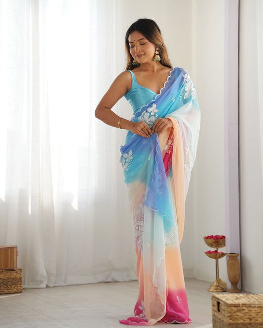 Sky Blue Georgette Party Wear Saree: Dual-Shaded, Sequins, Padding Color Print, Ultra Satin Blouse