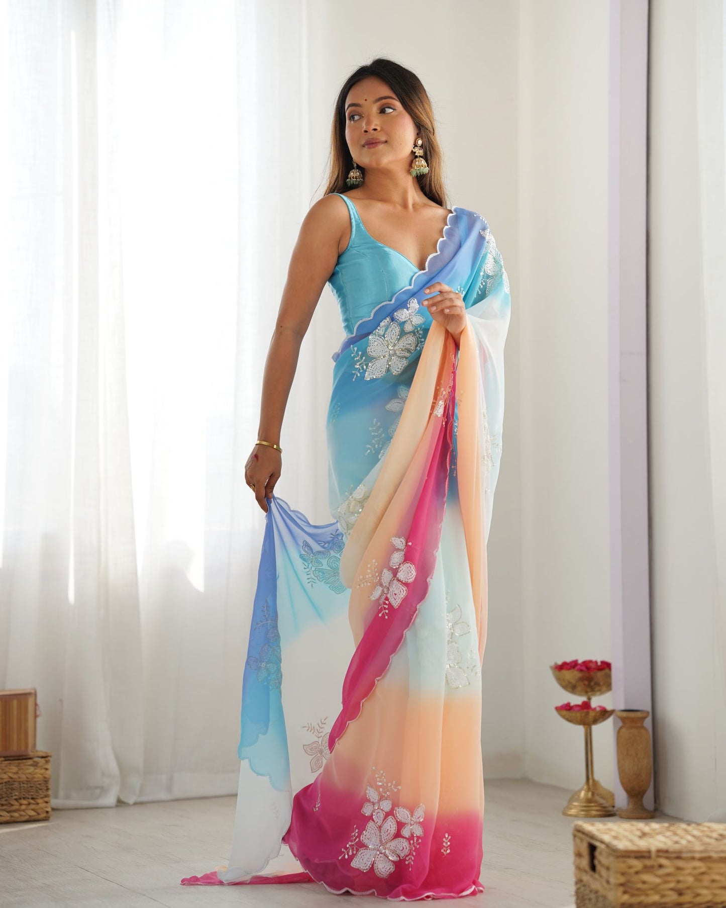 Sky Blue Georgette Party Wear Saree: Dual-Shaded, Sequins, Padding Color Print, Ultra Satin Blouse
