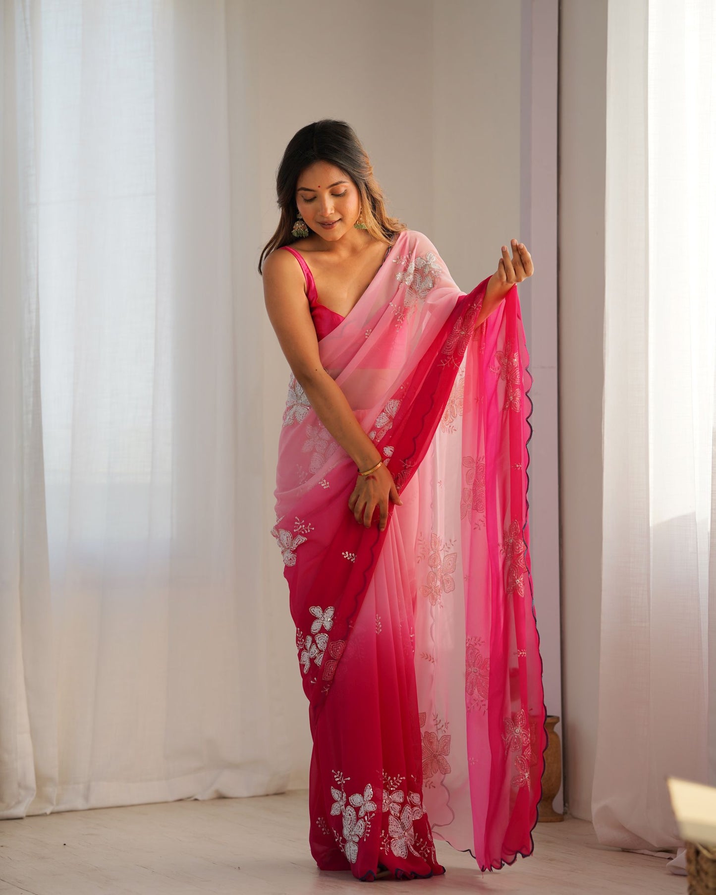 Pink Georgette Party Wear Saree: Dual-Shaded, Sequins, Padding Color Print, Ultra Satin Blouse