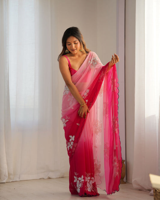 Pink Georgette Party Wear Saree: Dual-Shaded, Sequins, Padding Color Print, Ultra Satin Blouse