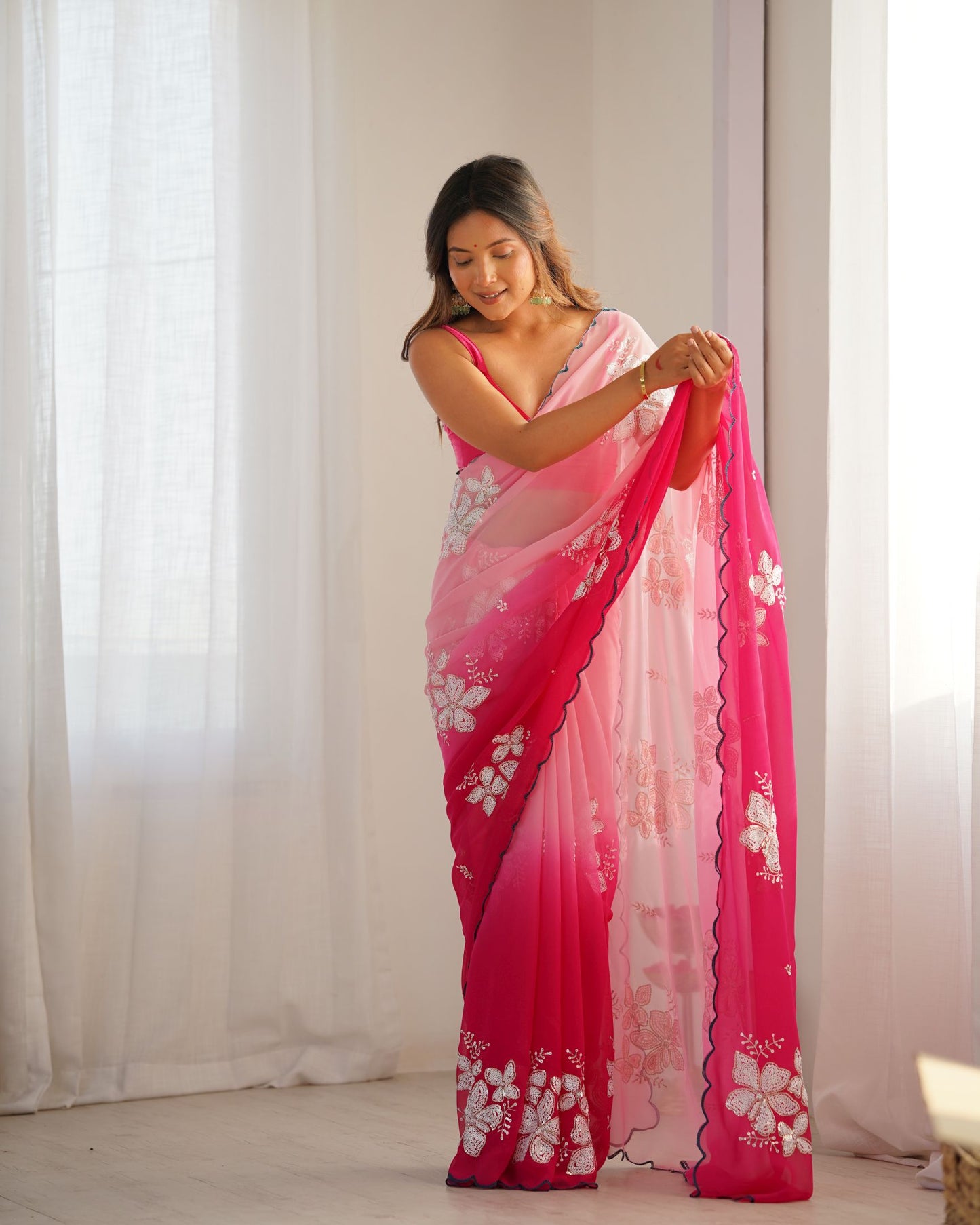 Pink Georgette Party Wear Saree: Dual-Shaded, Sequins, Padding Color Print, Ultra Satin Blouse