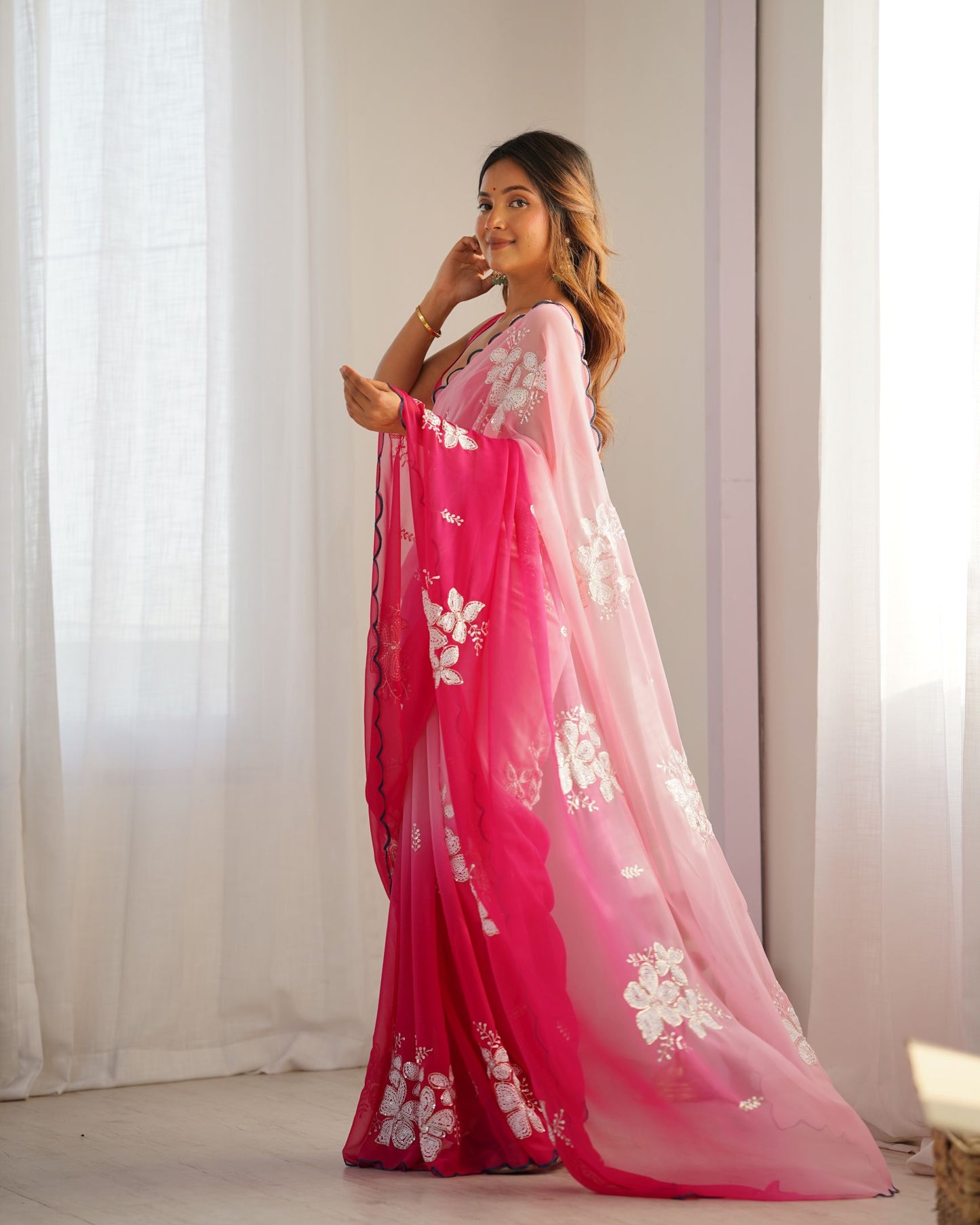 Pink Georgette Party Wear Saree: Dual-Shaded, Sequins, Padding Color Print, Ultra Satin Blouse