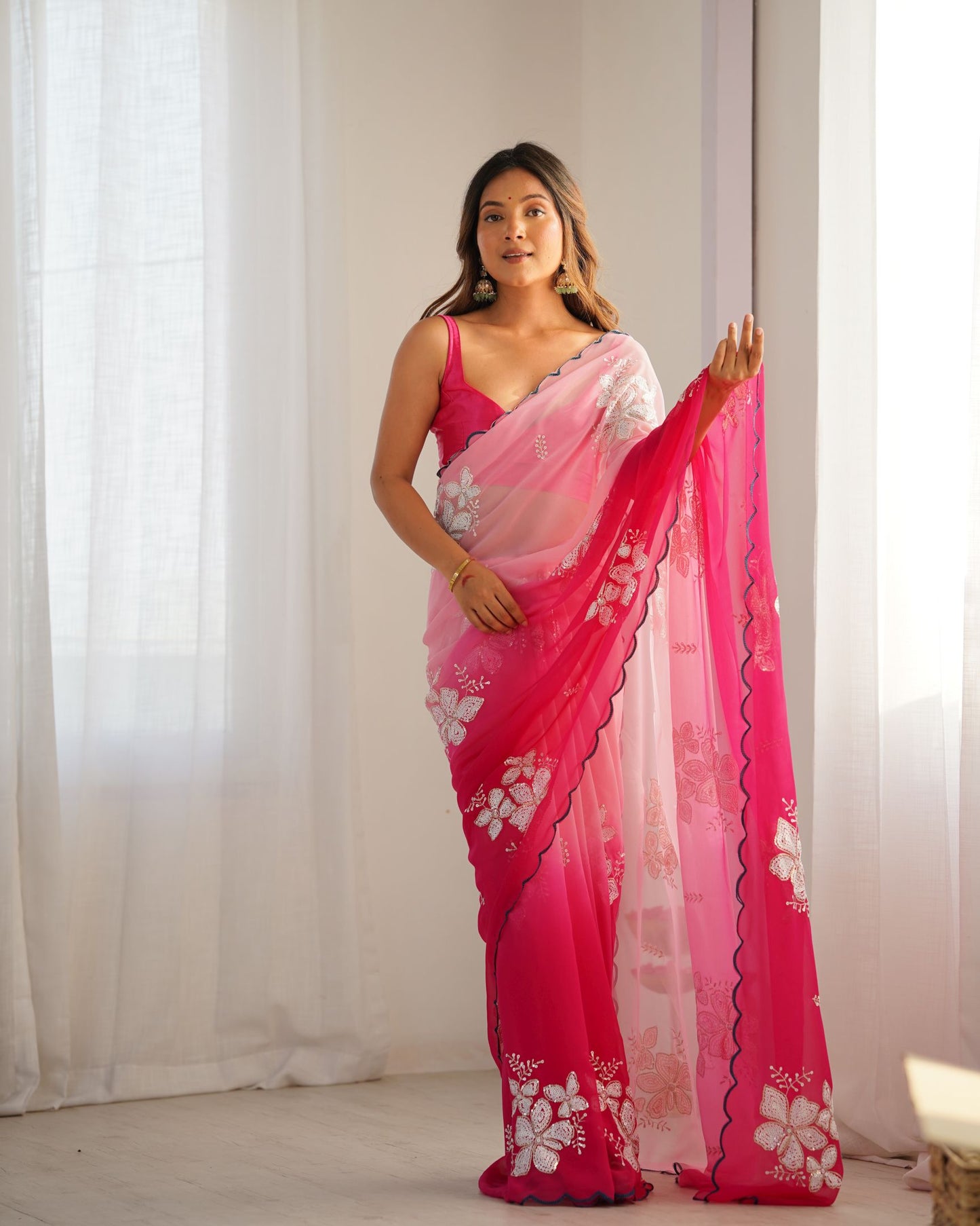 Pink Georgette Party Wear Saree: Dual-Shaded, Sequins, Padding Color Print, Ultra Satin Blouse