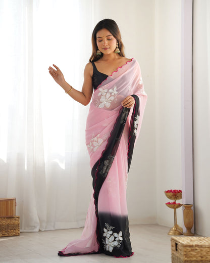 Pink Georgette Party Wear Saree: Dual-Shaded, Sequins, Padding Print with Black Ultra Satin Blouse