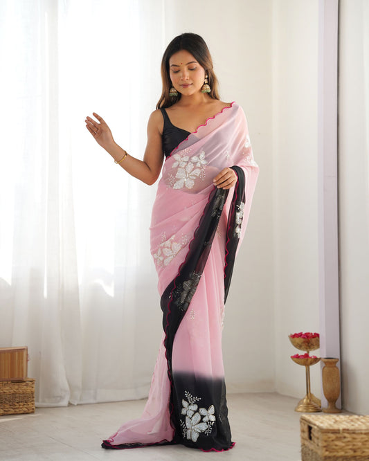 Pink Georgette Party Wear Saree: Dual-Shaded, Sequins, Padding Print with Black Ultra Satin Blouse