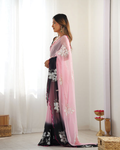 Pink Georgette Party Wear Saree: Dual-Shaded, Sequins, Padding Print with Black Ultra Satin Blouse