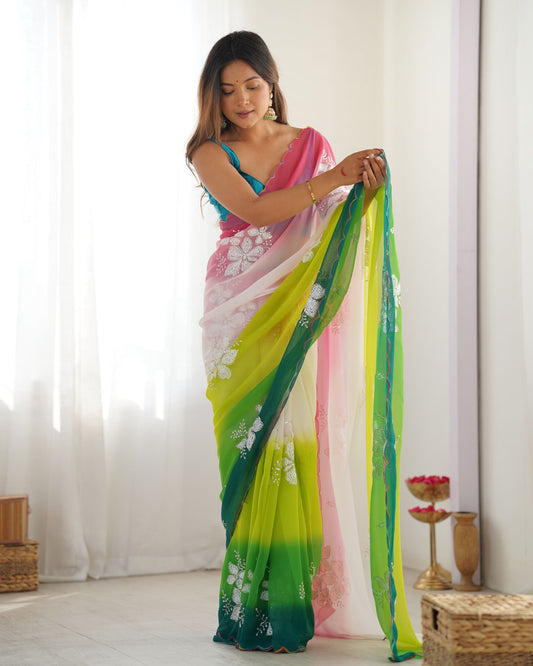 Green Georgette Party Wear Saree: Dual-Shaded, Sequins, Pedding Print with Rama Ultra Satin Blouse