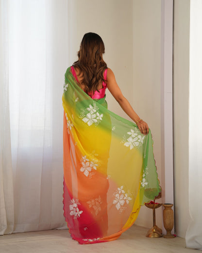 Yellow Georgette Party Wear Saree: Dual-Shaded, Sequins, Padding Print with Pink Ultra Satin Blouse