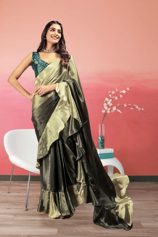 Green Satin Ready To Wear Party Wear Saree