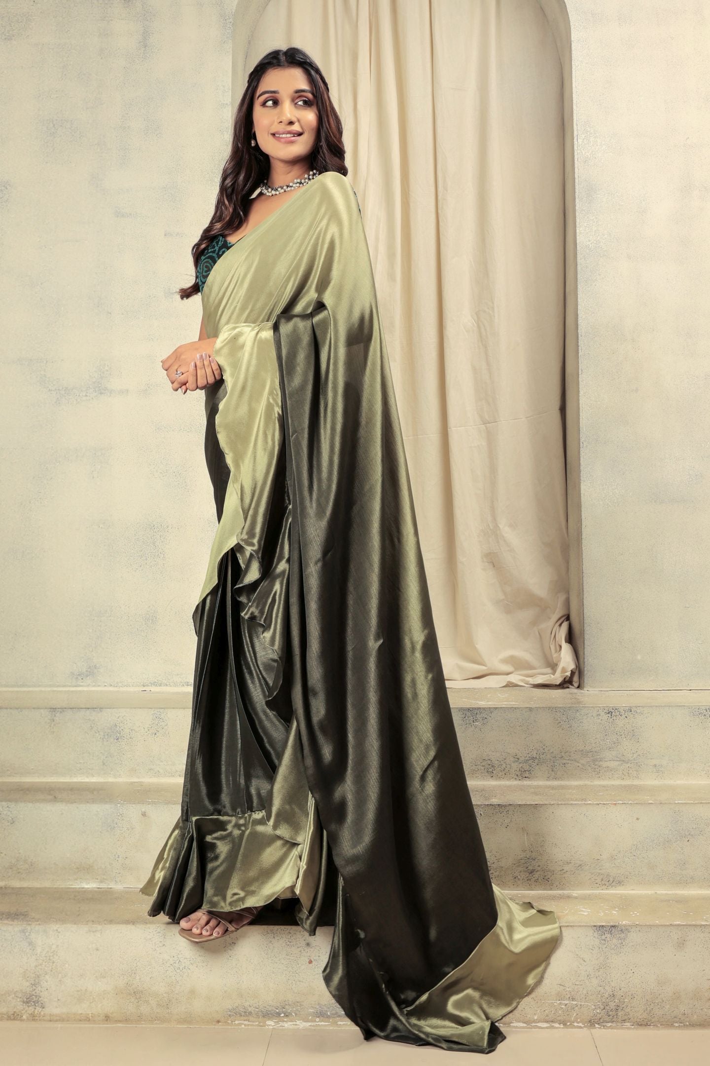Green Satin Ready To Wear Party Wear Saree