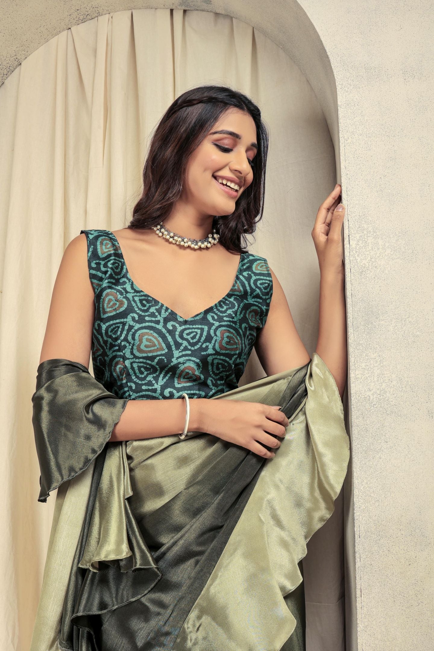 Green Satin Ready To Wear Party Wear Saree