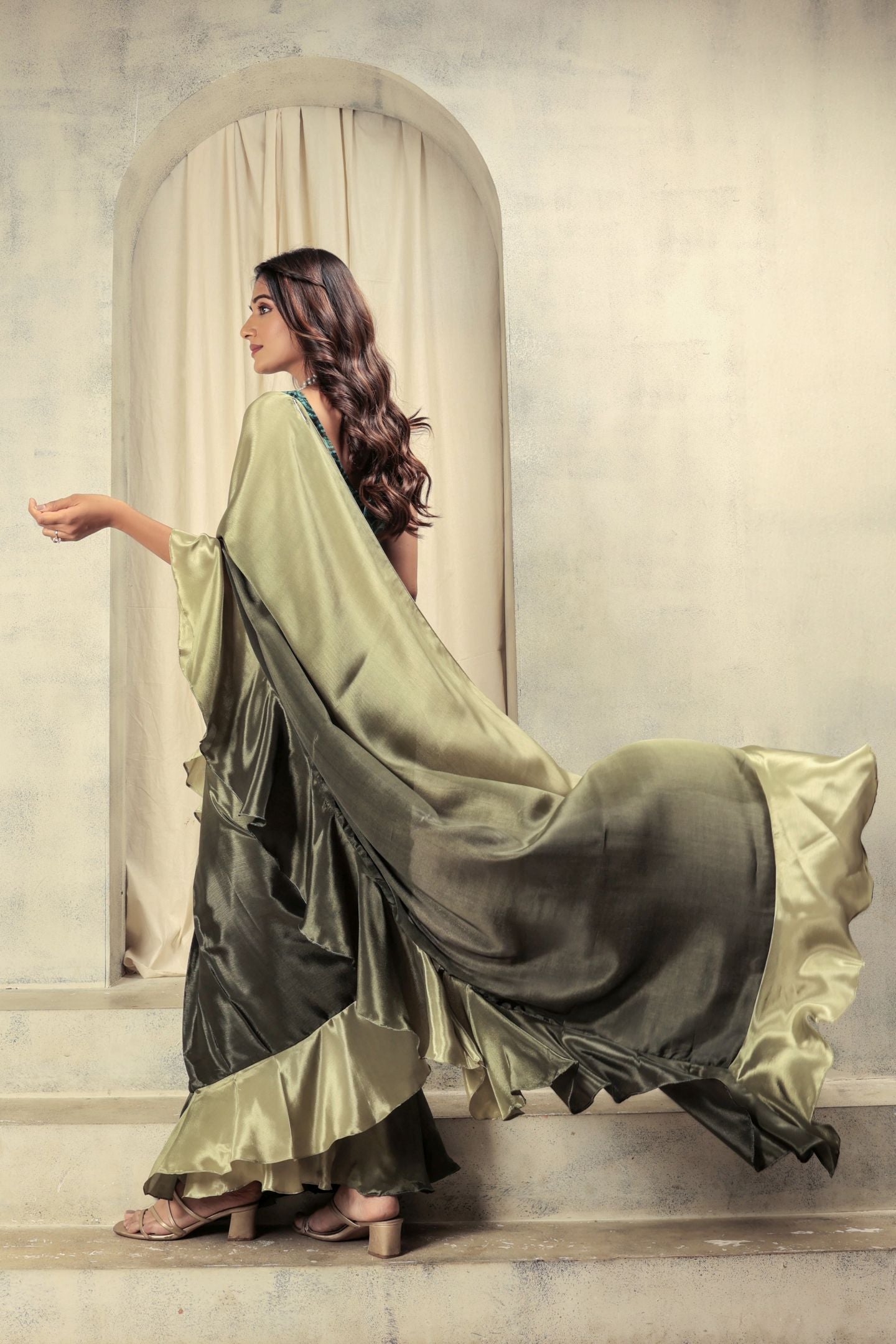 Green Satin Ready To Wear Party Wear Saree