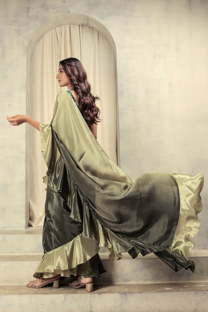 Green Satin Ready To Wear Party Wear Saree