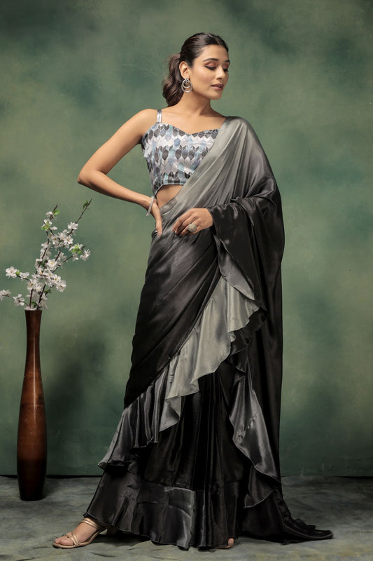 Grey Satin Ready To Wear Party Wear Saree