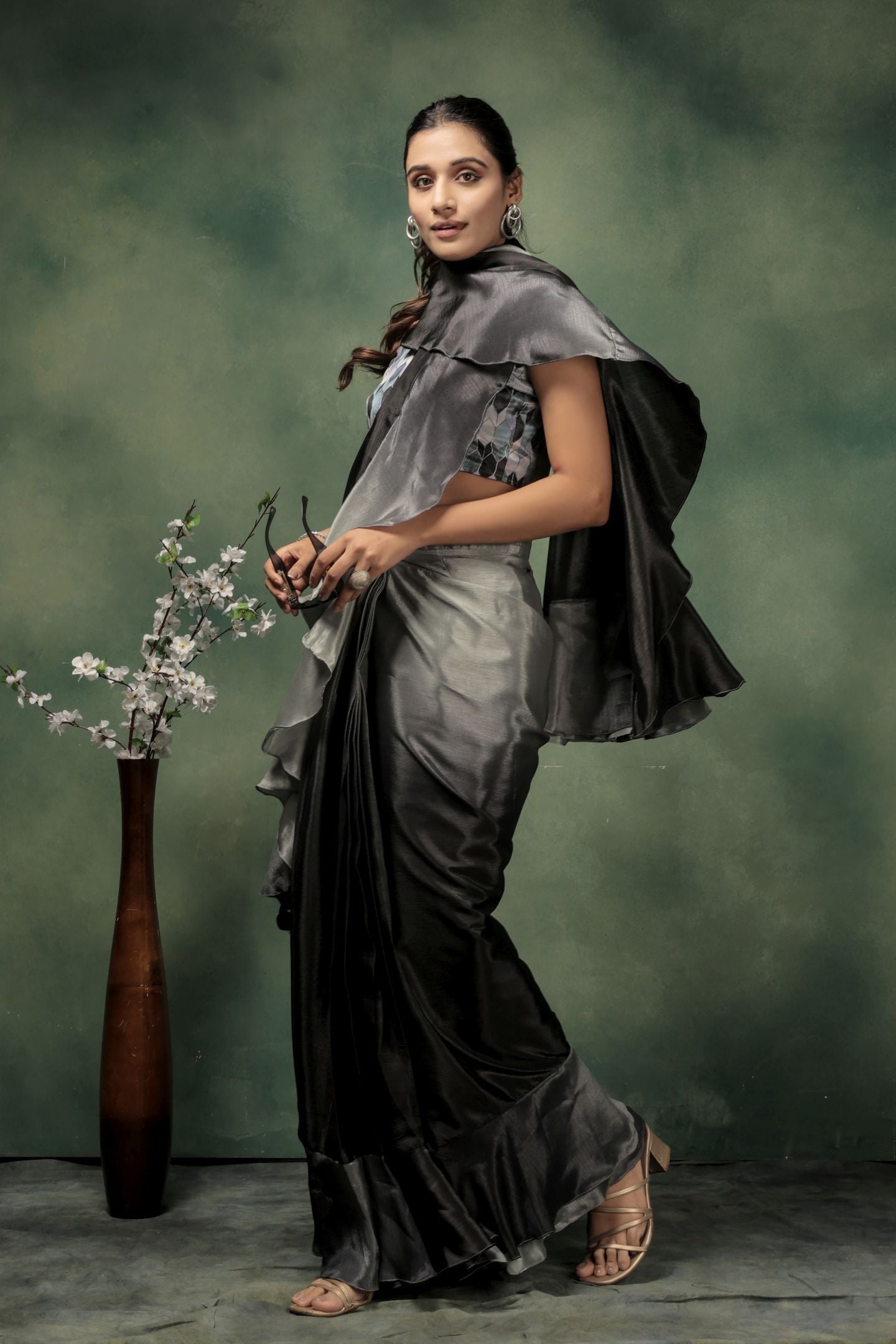 Grey Satin Ready To Wear Party Wear Saree