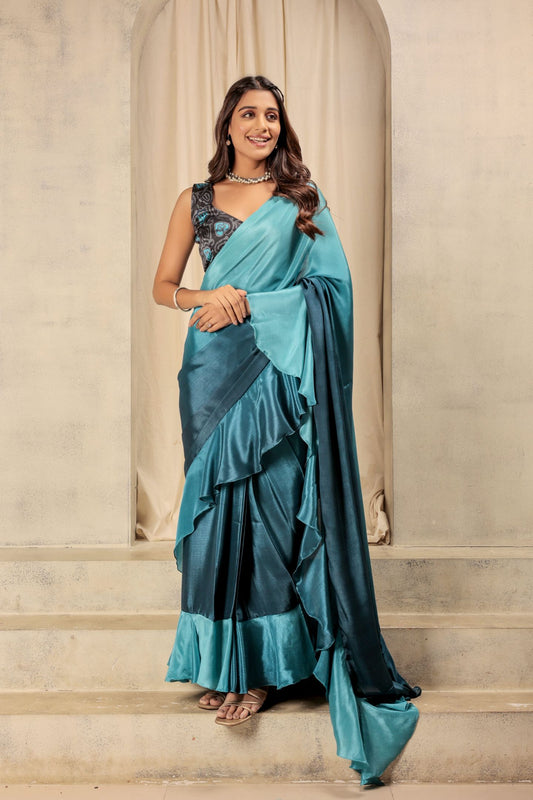 Blue Satin Ready To Wear Party Wear Saree