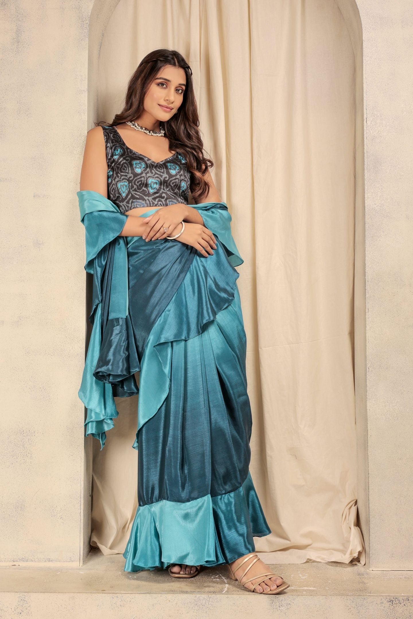 Blue Satin Ready To Wear Party Wear Saree
