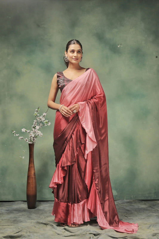 Pink Satin Ready To Wear Party Wear Saree