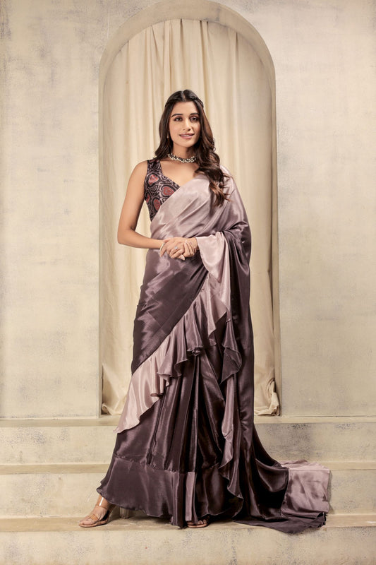 Wine Satin Ready To Wear Party Wear Saree