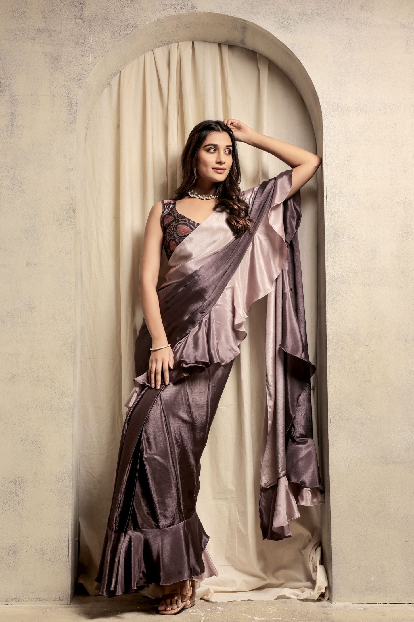 Wine Satin Ready To Wear Party Wear Saree