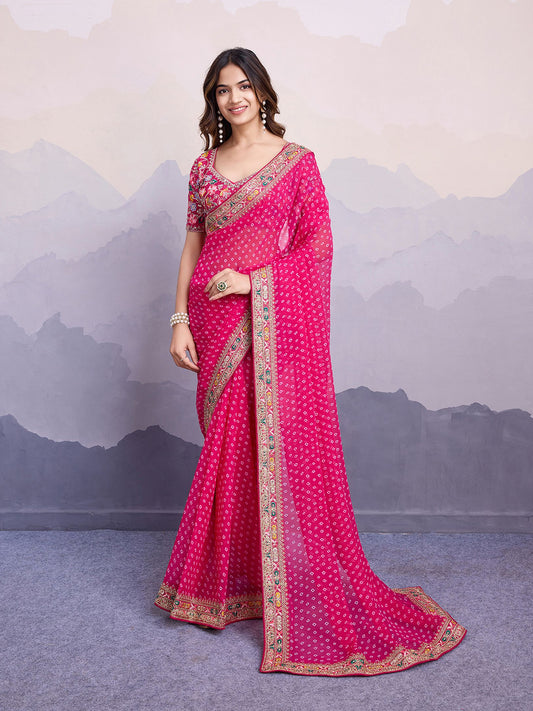 Pink Georgette Bandhani Printed Saree: Embroidery Lace Border, Art Silk Blouse