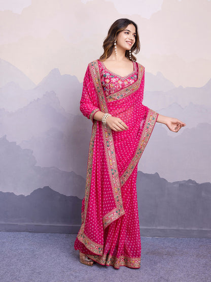 Pink Georgette Bandhani Printed Saree: Embroidery Lace Border, Art Silk Blouse