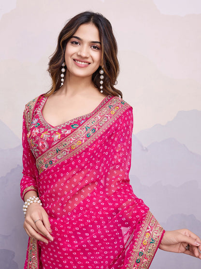 Pink Georgette Bandhani Printed Saree: Embroidery Lace Border, Art Silk Blouse