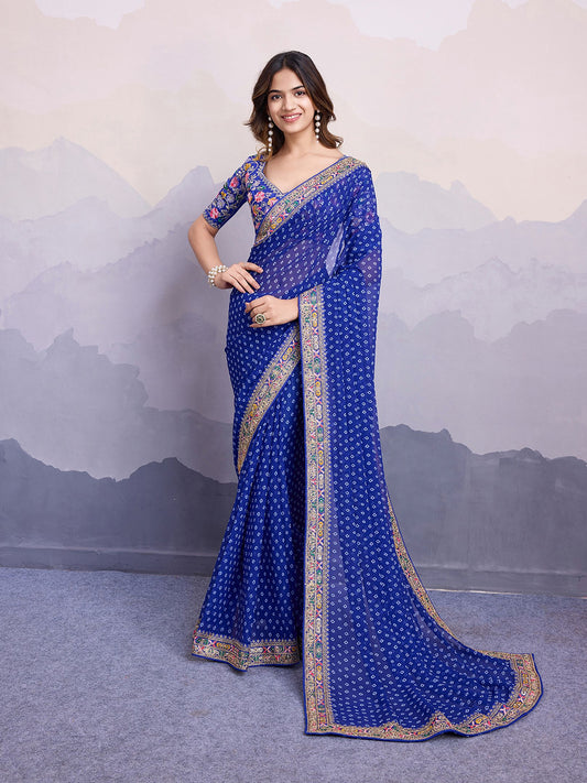 Blue Georgette Bandhani Printed Saree: Embroidery Lace Border, Art Silk Blouse
