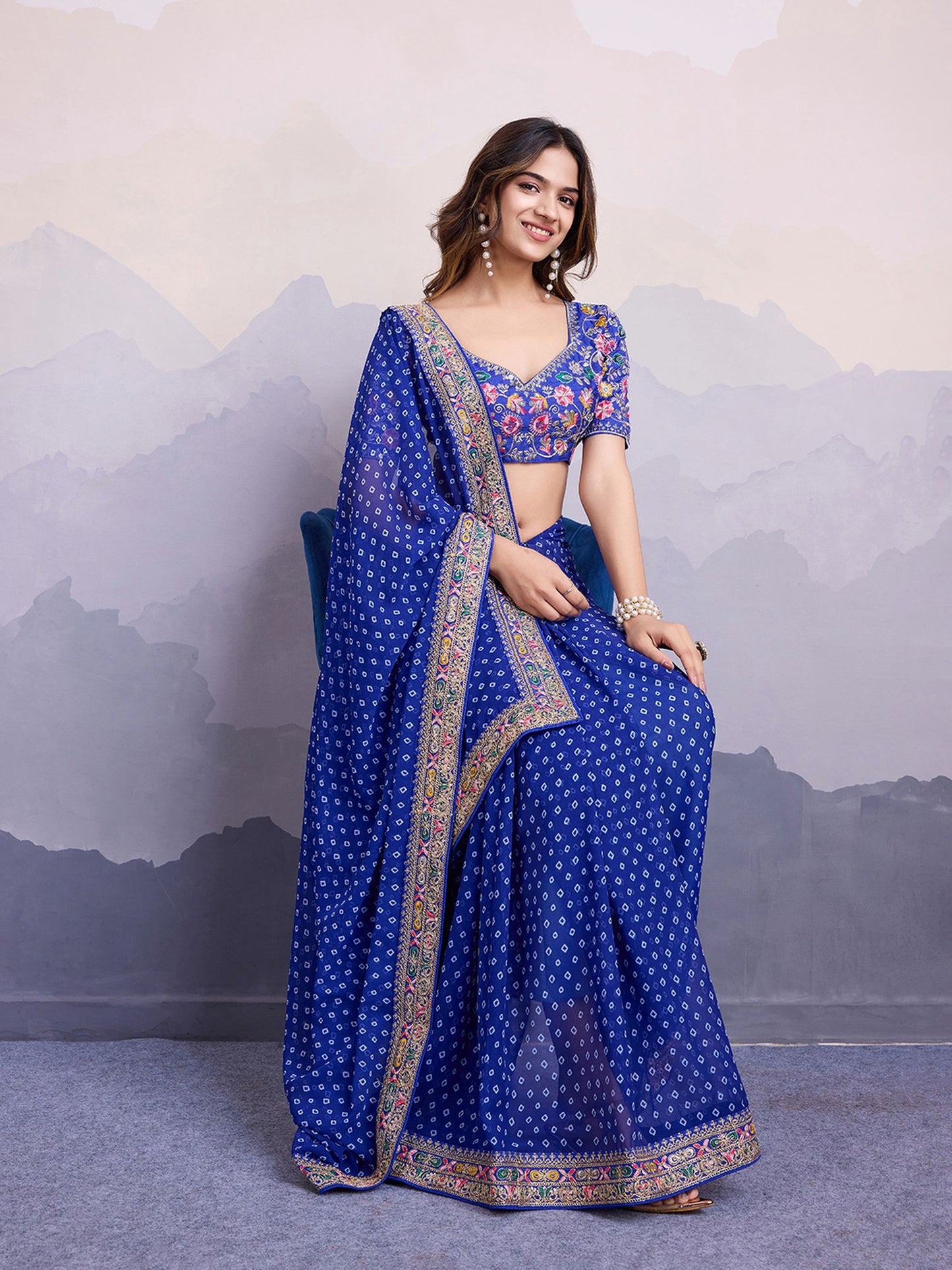 Blue Georgette Bandhani Printed Saree: Embroidery Lace Border, Art Silk Blouse